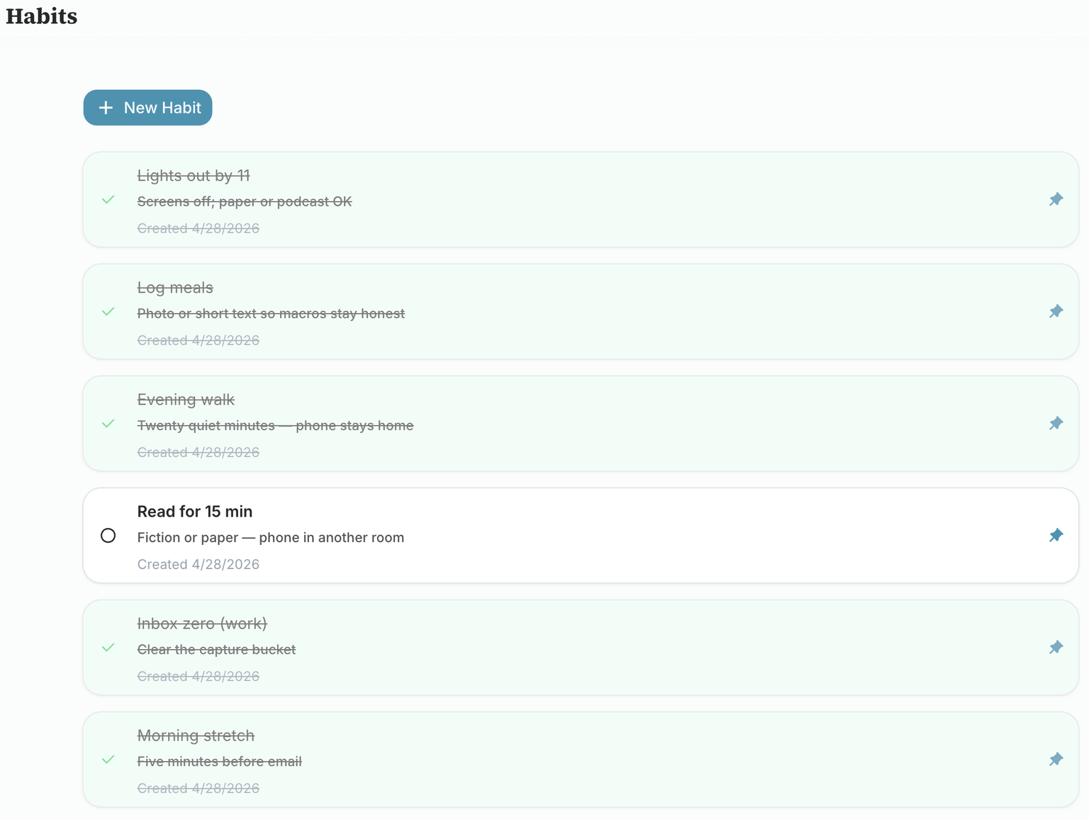 BigPicture habits board with completions and correlations