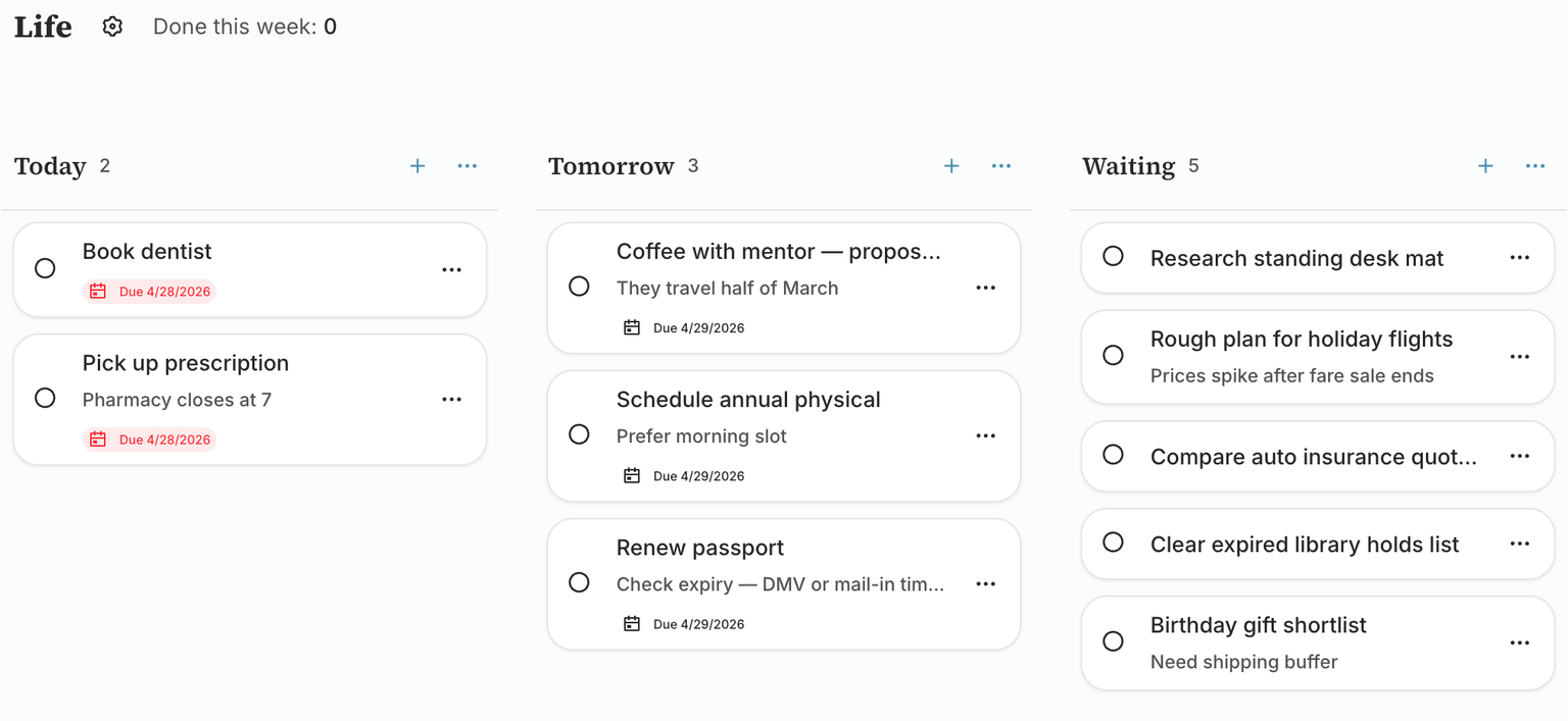 BigPicture todo boards with Today, Tomorrow, and Waiting lists across Life and Work